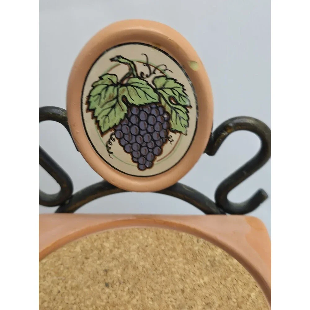 Vintage Himark Wine Country Grape Cork Coasters Set of 6 Metal Holder Taiwan